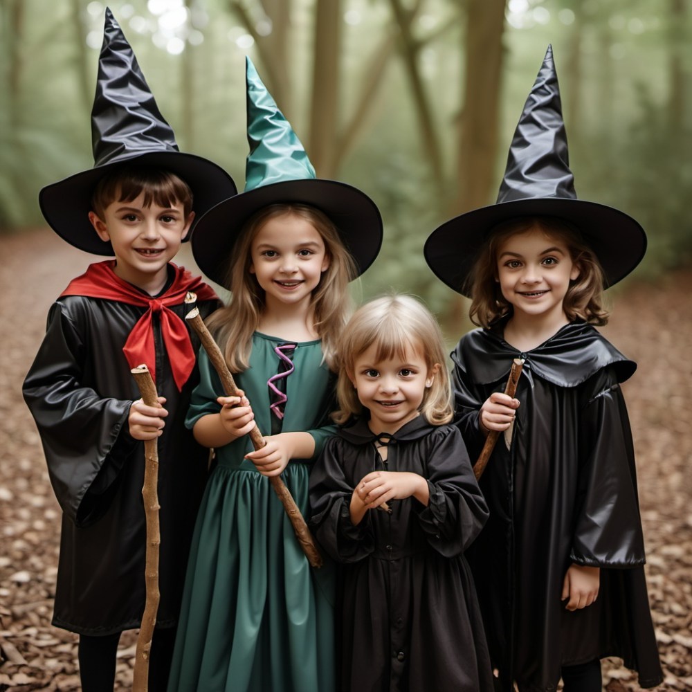 Four children in witch costumes with hats and sticks, smiling in a forest.