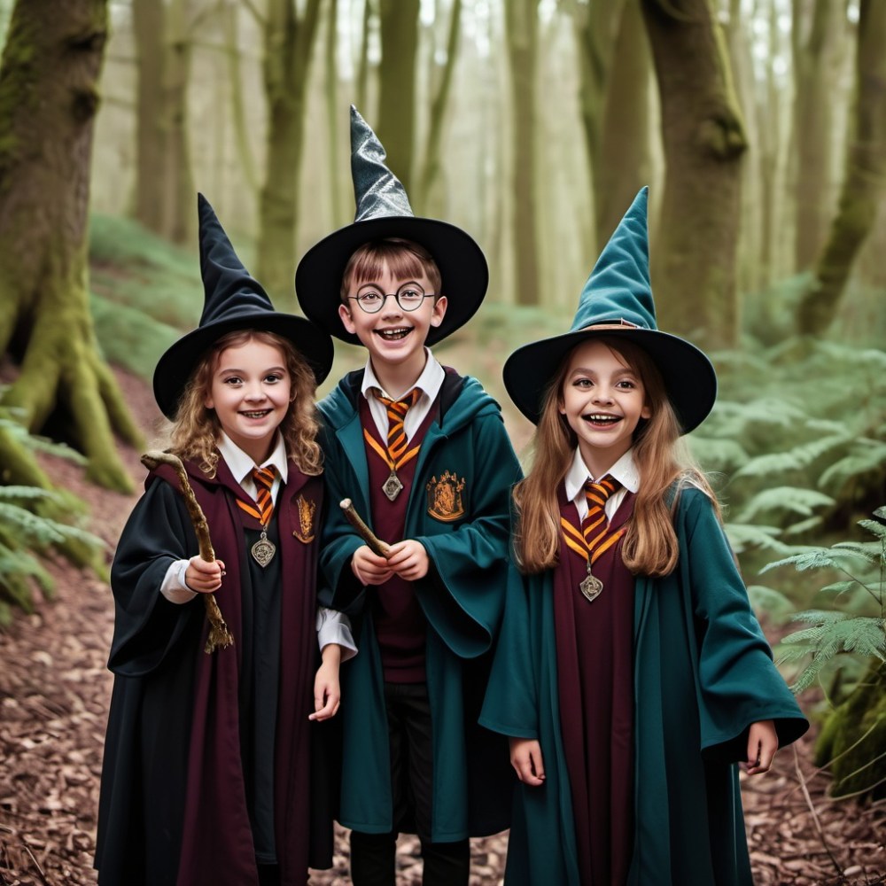 Three children in wizard costumes, holding wands, smiling in a forest setting.