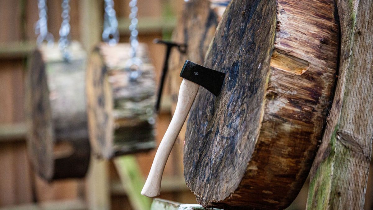 An axe embedded in a wooden log target with others hanging in background.