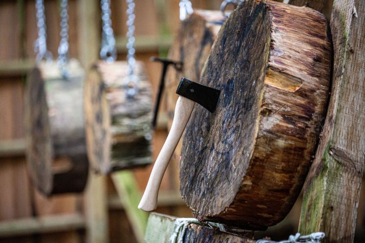 Axe embedded in a wooden target slice, with similar targets blurred in background.