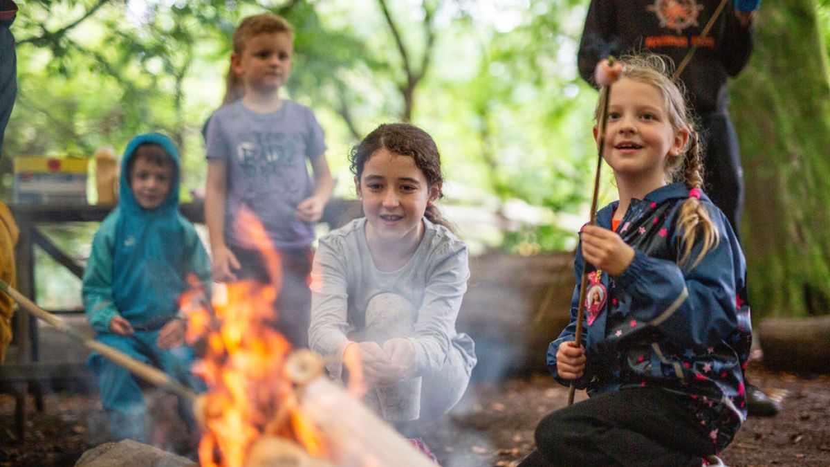 Children gathered around a campfire in a wooded area, roasting marshmallows.