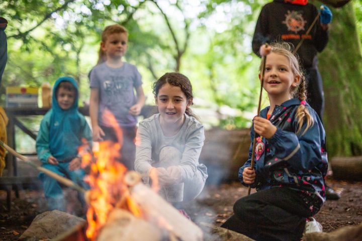 Children gathered around a campfire in a wooded area, roasting marshmallows.