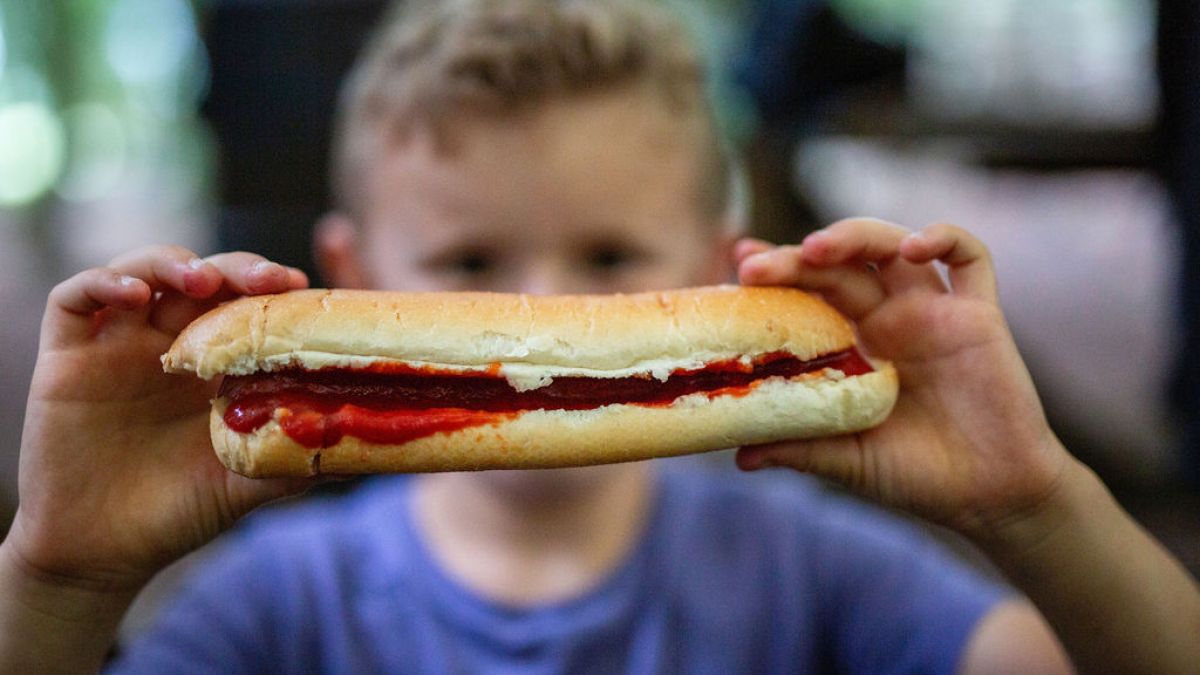 Child holding a hot dog with ketchup, face blurred in the background.