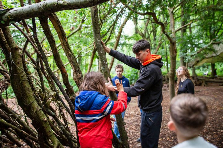 People building a shelter with branches in a forested area.