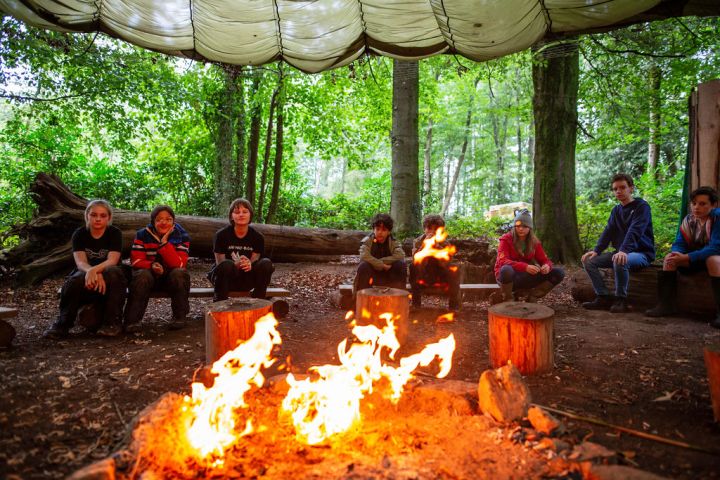 Group of people sitting around a campfire in a forest with a canopy above.