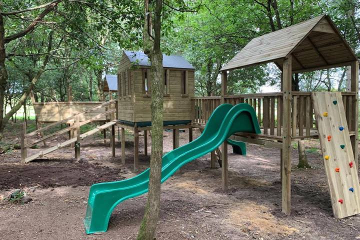 Wooden play structure with slide and climbing wall in a forest setting.