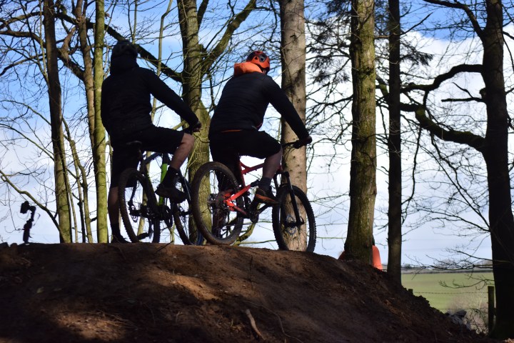 Two mountain bikers on a dirt path in a wooded area, viewed from behind.