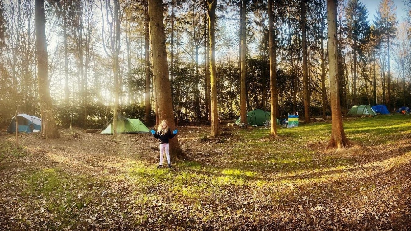Child playing in a wooded campsite with several tents on a sunny day.