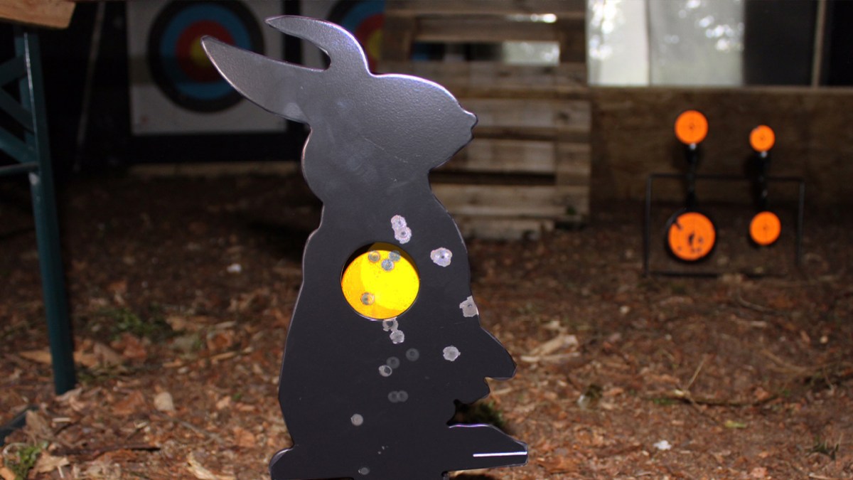 Metal rabbit target with bullet holes in a wooded shooting range.