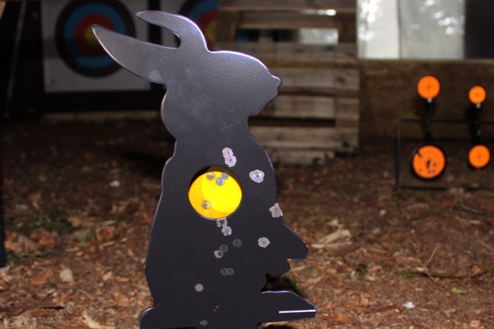 Metal rabbit target with bullet holes in a wooded shooting range.