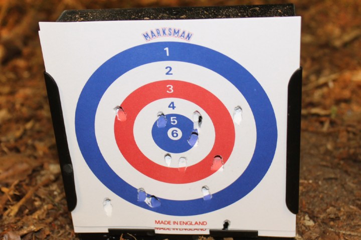 Paper target with multiple holes in blue and red rings, labeled 'MARKSMAN', on a forest floor.