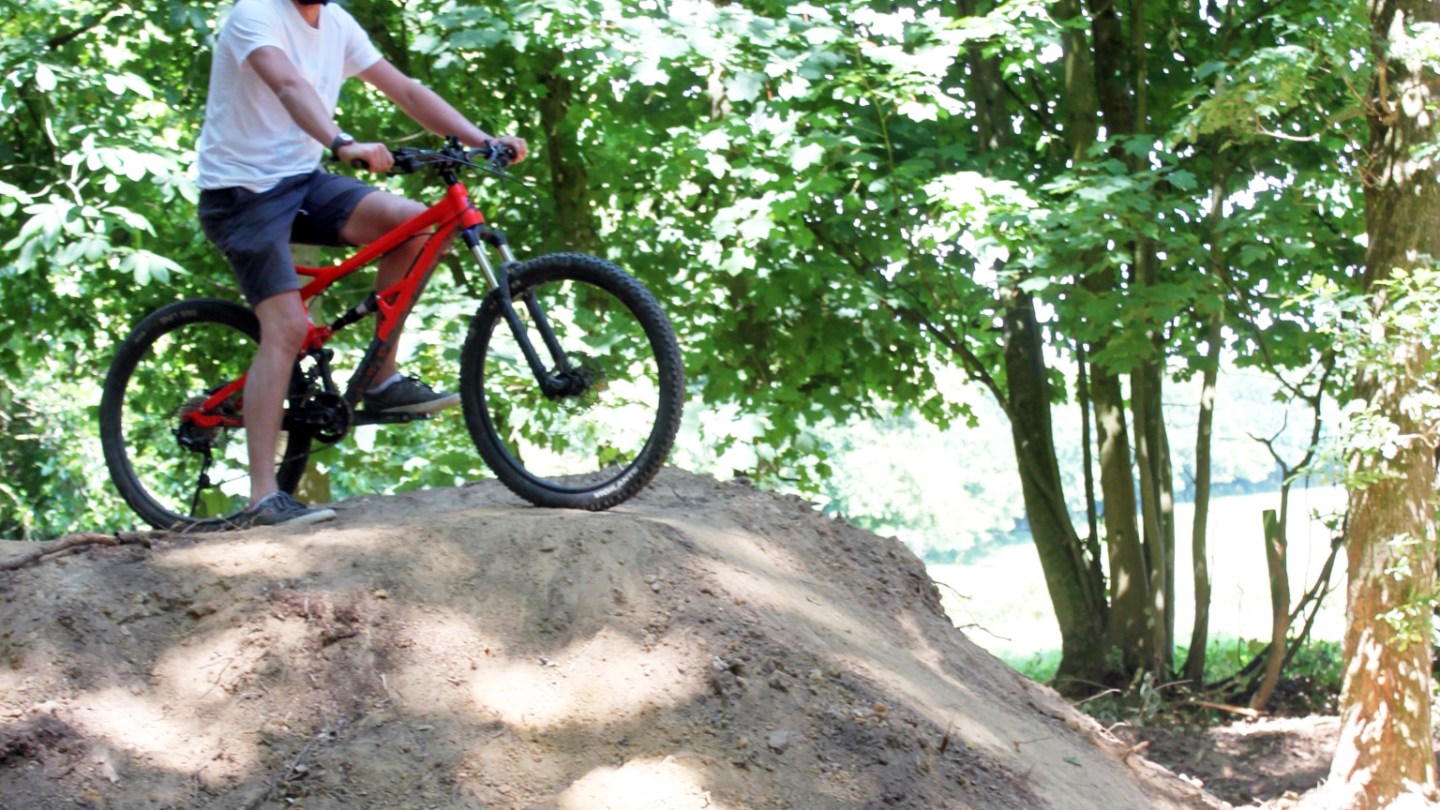 Person on a mountain bike atop a dirt mound in a forest.